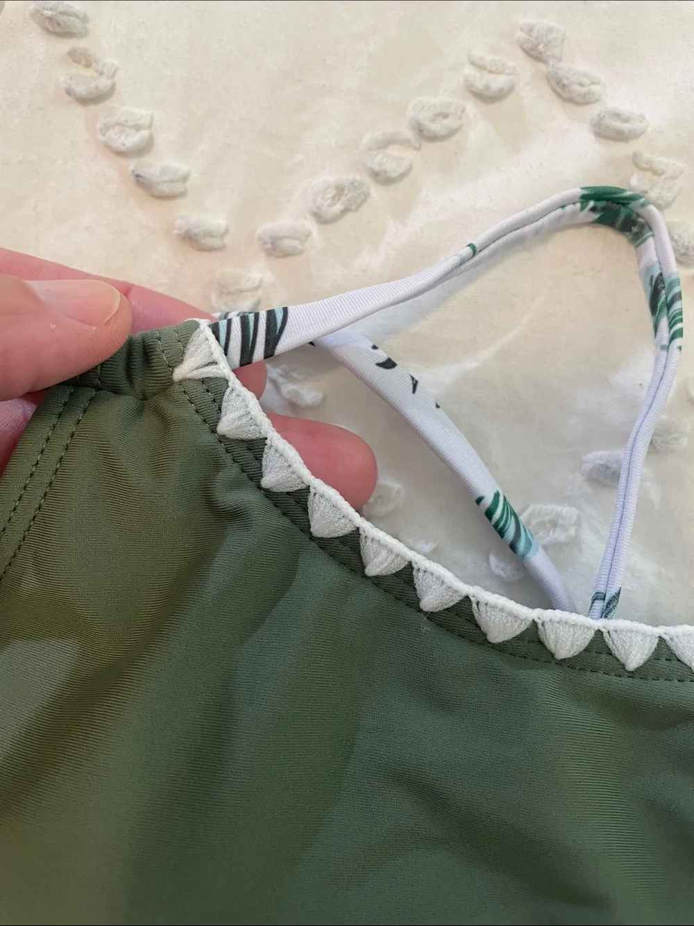 Funnycokid Olive Green Tankini Top with Palm-Print High-Waist Bikini Bottoms new